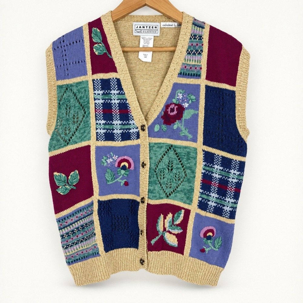 Vintage Jantzen Classics Medium Patchwork Floral Garden Embroidered Sweater Vest